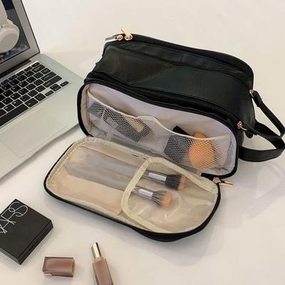 Large Capacity PU Makeup Bag Portable Travel Cosmetics Storage Bag Rectangular Double Layer Makeup Bag Giant Power Pack