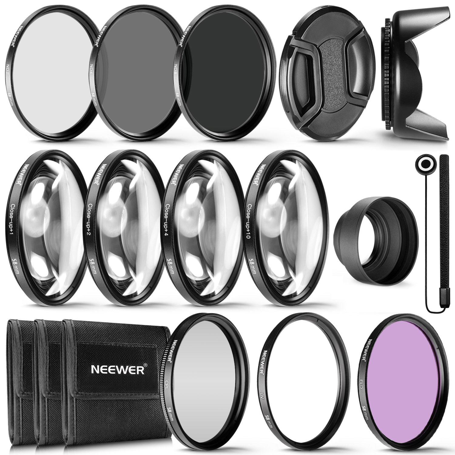 

NEEWER 58mm Filter Lens Accessory Includes Filters Tulip Lens Folding Rubber Lens Lens and Filter Pouch ND/CPL/UV/FLD/Close-Up + Kit ND2, ND4, ND8, чёрный