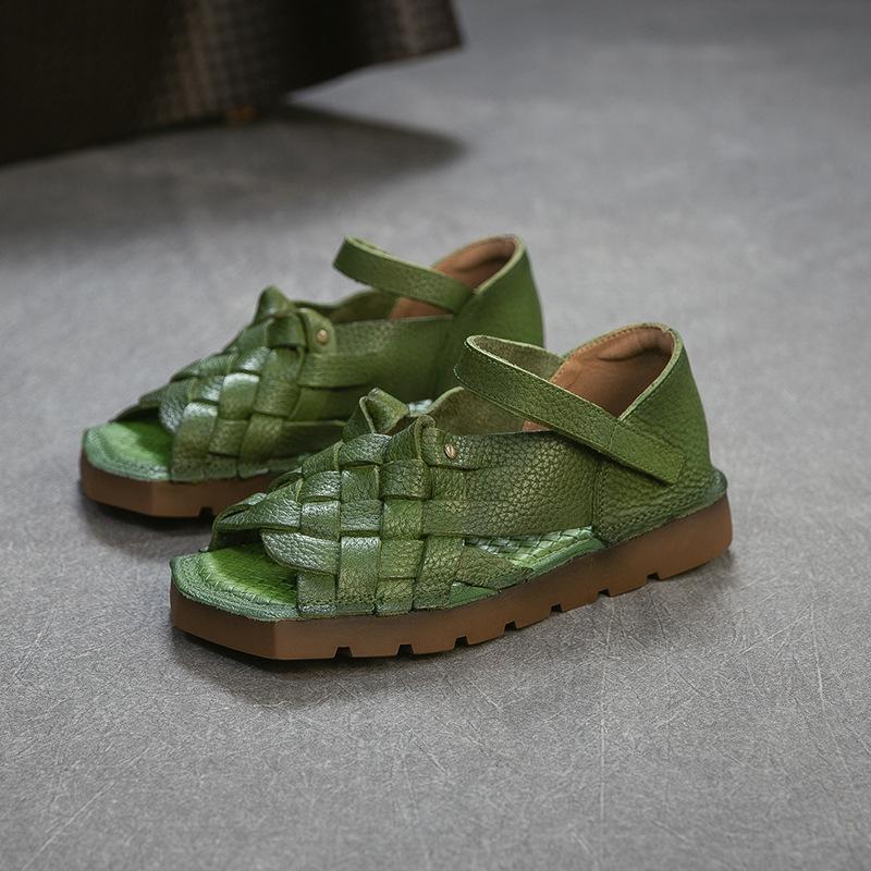 2026 Summer New Arrival Genuine Leather Women Roman Sandals Retro Woven Ankle Strap Breathable Open Toe Comfortable Flats