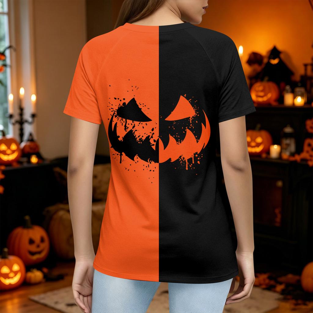 Women Casual Halloween Graphic T Shirt Short Sleeve Top Pumpkin Face Print Split Design Lightweight Comfortable Fit