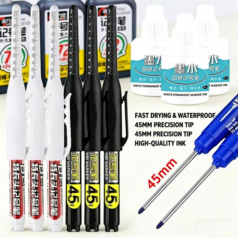 45mm Long Nib Head Carpenter Pen Deep Hole Marker Pens Black/Blue/Red/White for Measuring Woodworking Hand Tools Multi-purpose