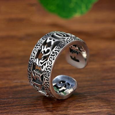 Anillo Hueco con Mantra de Seis Caracteres con Apertura Abierta para Hombres y Mujeres, Anillo Individual Retro Protector y Moderno para Hombres