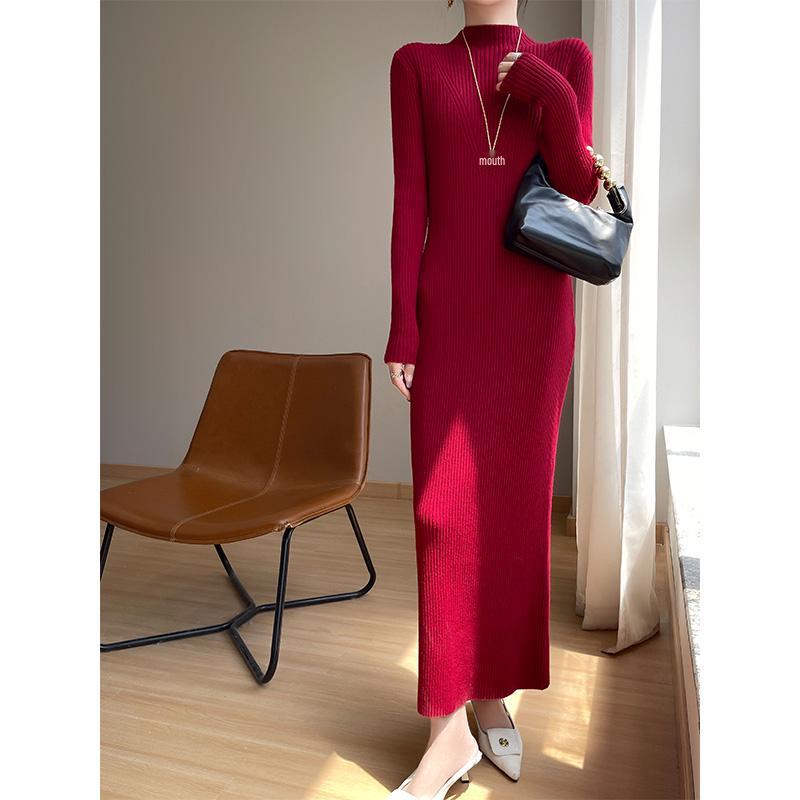 New Autumn/Winter Slimming Knit Dress for Women - Half-High Neck, Figure-Flattering, Long Length Bodycon Skirt