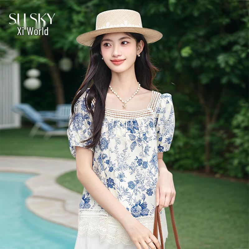 Women s French Style Blue Floral Cotton Blouse XL