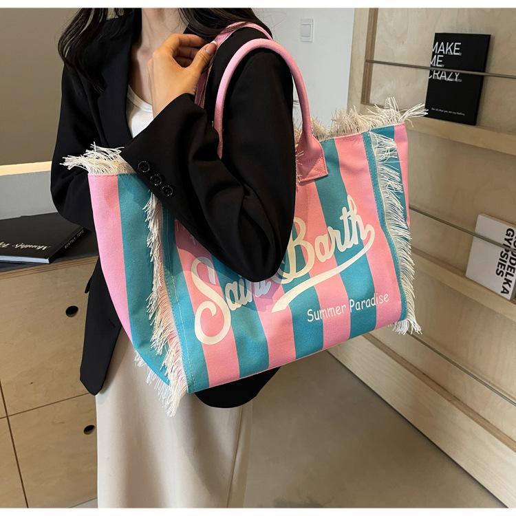 2025 new bag fashion beach large capacity shoulder bag handmade fringed denim printed tote bag