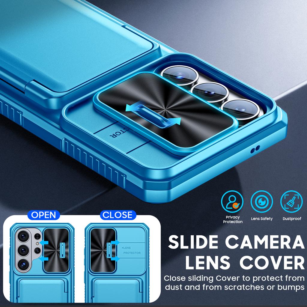 With Card Holder Sliding Camera Cover And Stand For Samsung Galaxy S26 Ultra Phone Case, Anti-Fall PC+TPU Wallet Case-Light Blue