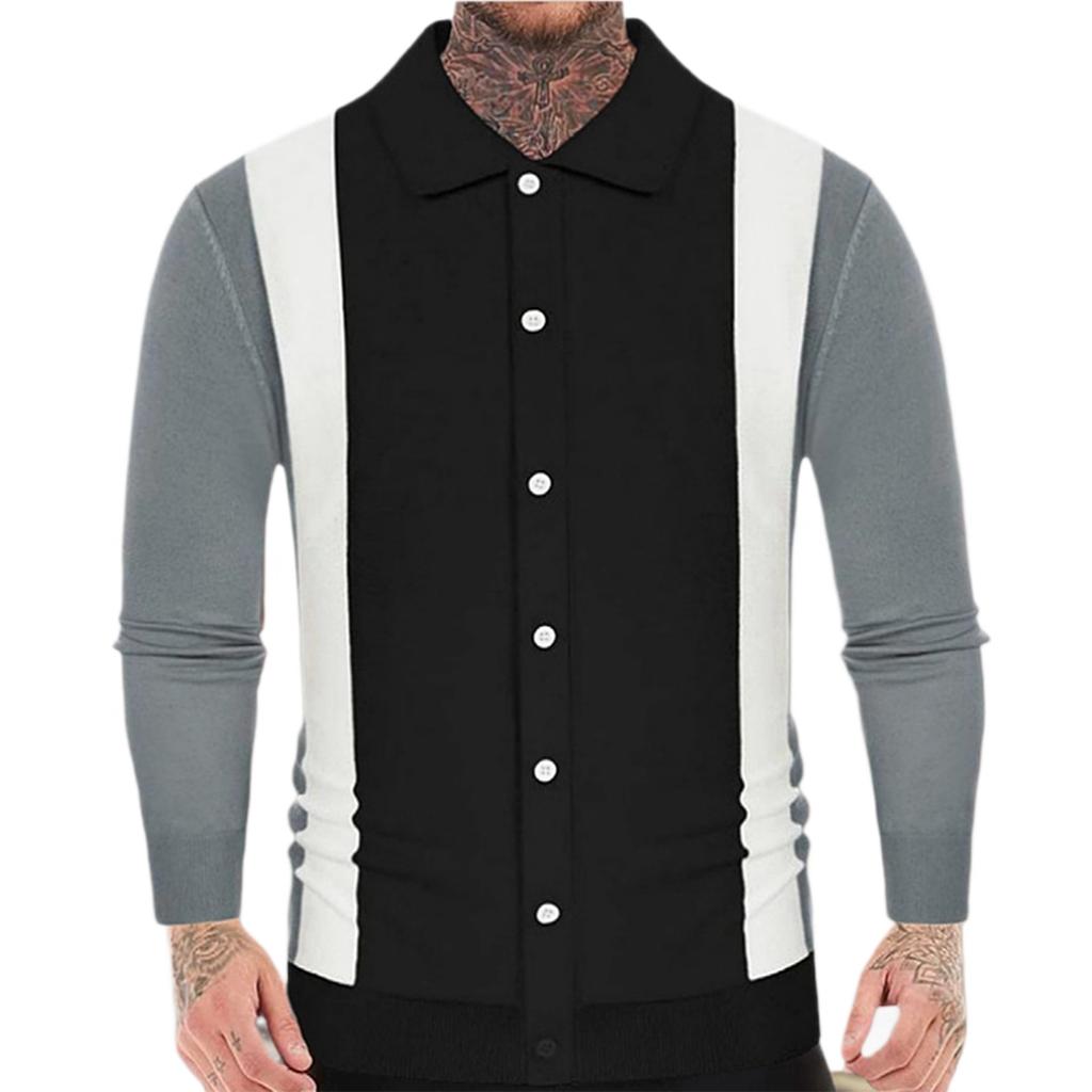 Men's Casual Color - Blocked Knitted Cardigan With Turned - Up Collar And Ribbed Cuffs Outerwear