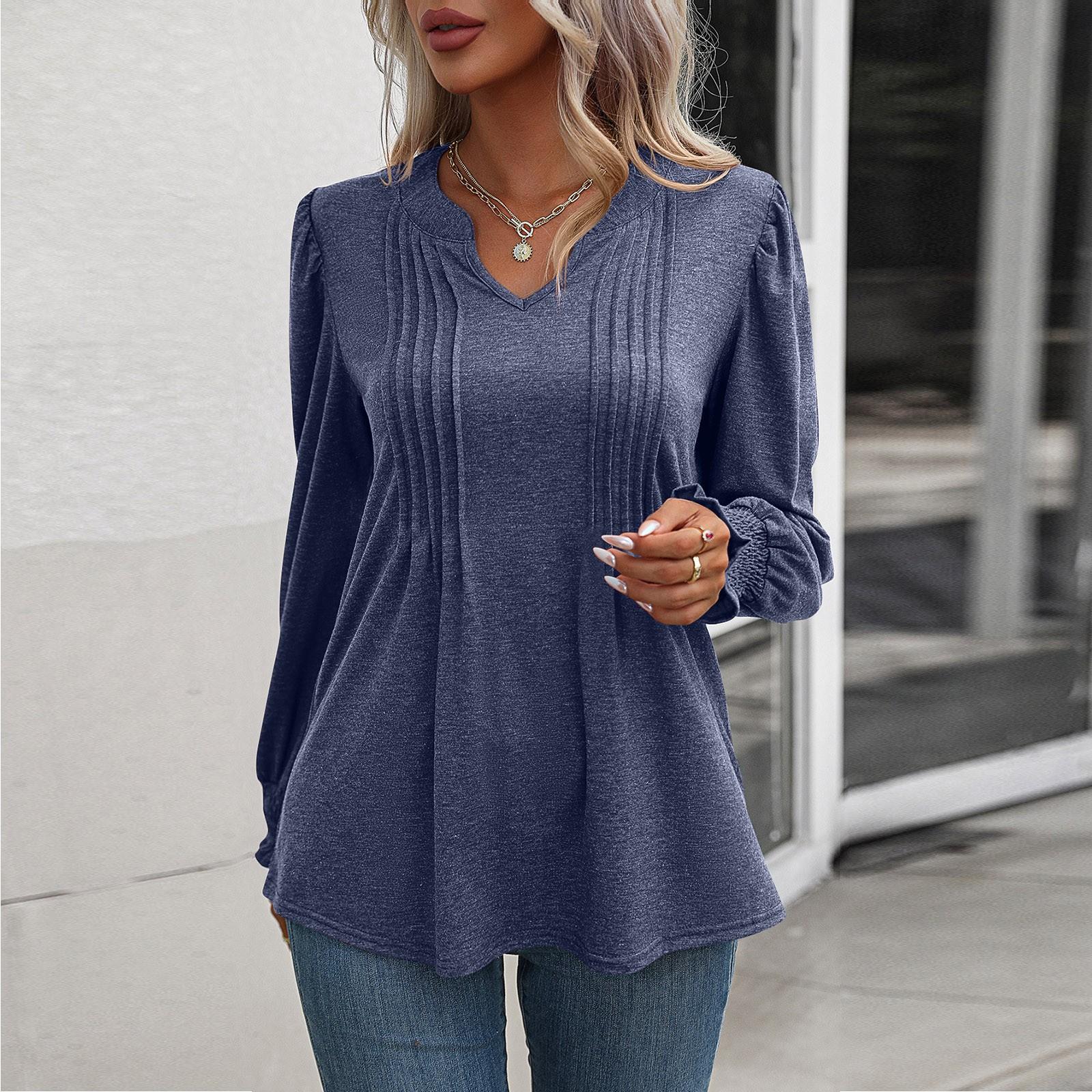 

Женская мода, повседневный однотонный пуловер с рукавами-пузырьками и v-образным вырезом, длинными рукавами M тёмно-синий