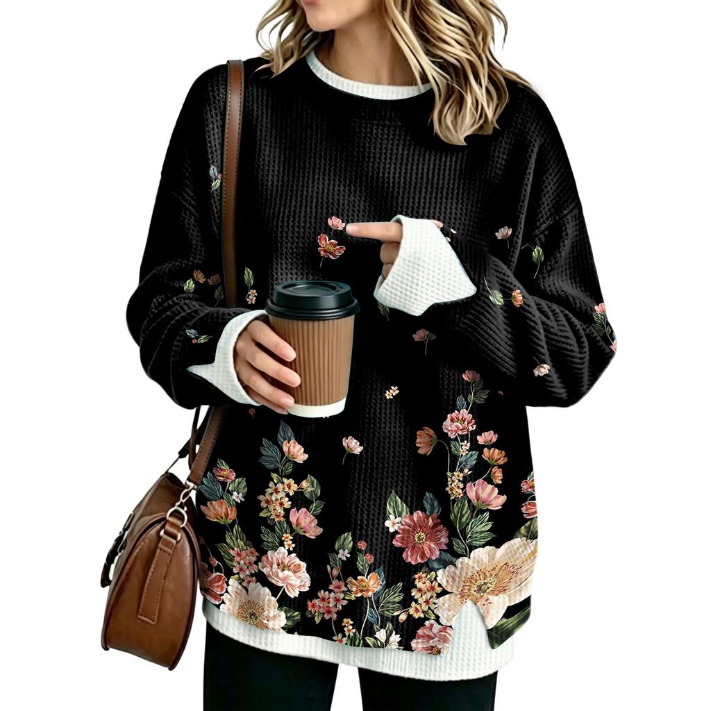 Women's Flannel Floral Print Top Round Neck Two Piece Spliced Blouse for Casual Wear