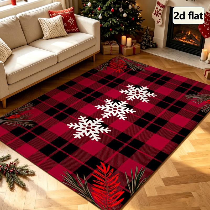 Red Black Buffalo Plaid Snowflake Christmas Decor Rug, All Season Floor Mat for Living Room, Bedroom, Fireplace, Kitchen