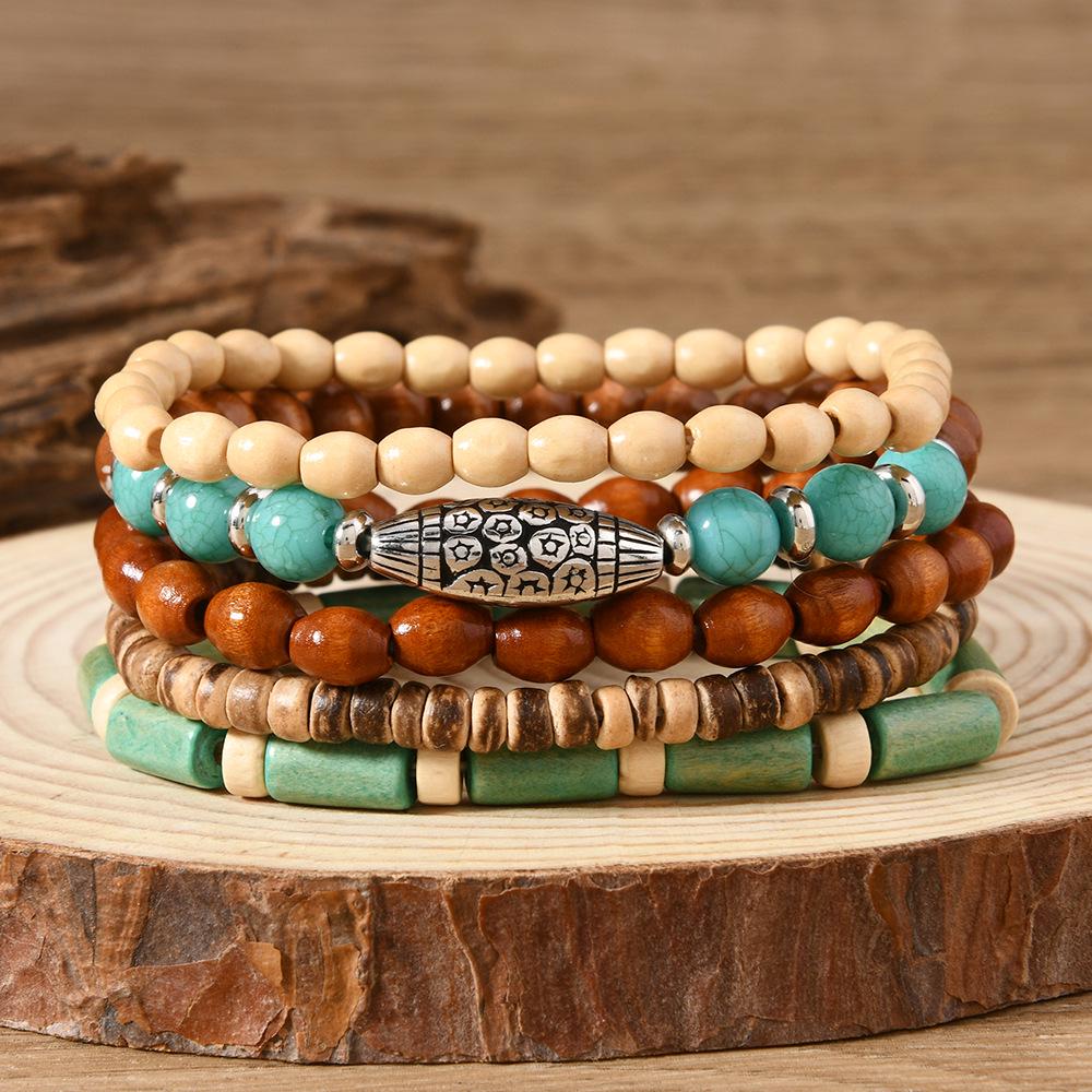 Turquoise Wood Bead Multilayer Elastic Bracelet Set - Retro European & American Style, 5-Piece