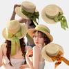 Summer 7cm Wide Brim Beach Hats Women Girl Classic Round Flat Topped Straw Hat Ribbon Bow Elegant Lady Sun Cap Chapeau Sombreros