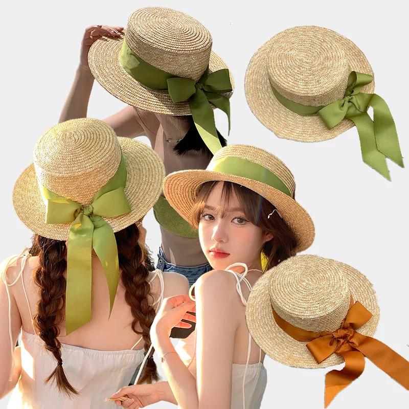 Summer 7cm Wide Brim Beach Hats Women Girl Classic Round Flat Topped Straw Hat Ribbon Bow Elegant Lady Sun Cap Chapeau Sombreros