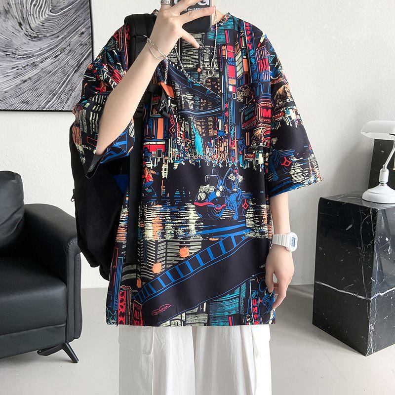 American Hand-Painted Pullovers Men's Clothing Contrasting Colors Summer Short Sleeve Vintage Casual Round Neck Loose T-shirts