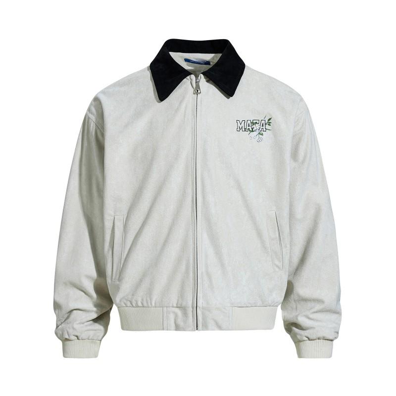 Unisex Oversized Suede Jacket With Contrast Floral Embroidery Casual Winter Outerwear
