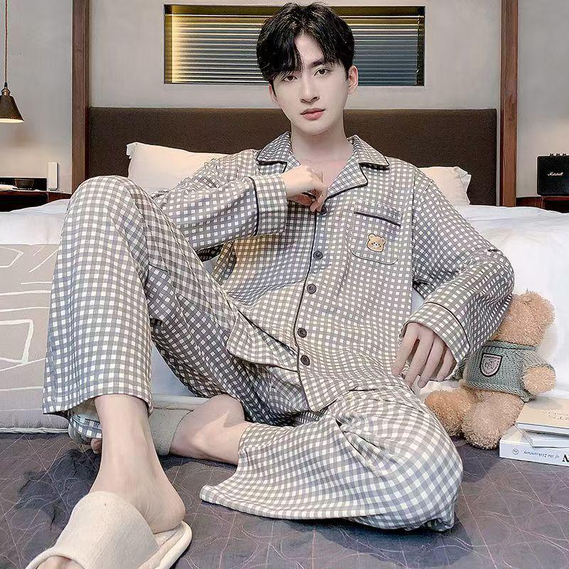 Men's 100% Cotton Pajama Set for Spring & Autumn: Long Sleeve, Long Pants, Versatile Outdoor Wear