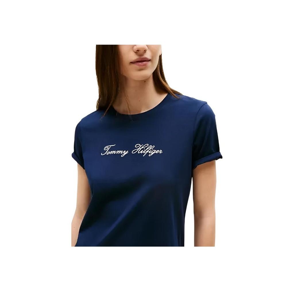 Tommy Hilfiger Logo Round Neck Short Sleeve T-Shirt Women Tops Blue WW0WW47210-C1G