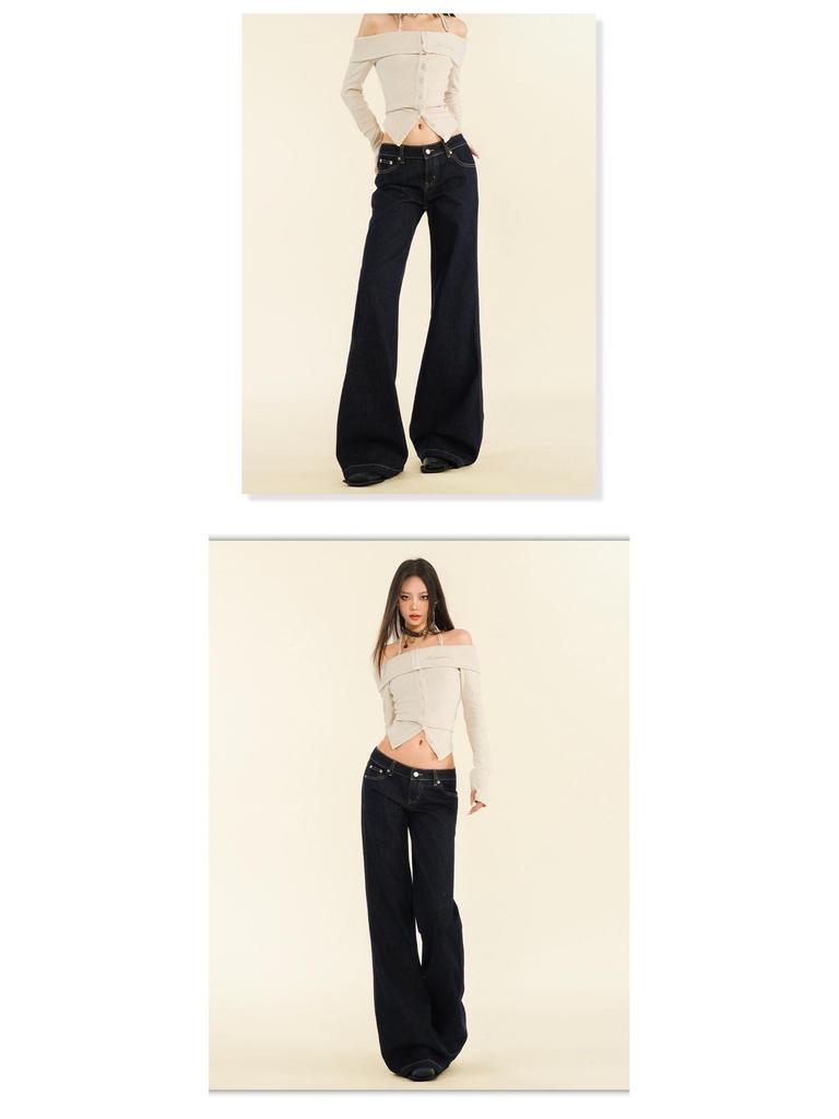 Women's Original Blue Micro-Flare Low-Rise Jeans, Autumn/Winter 2024: Trendy Slimming Wide-Leg Style
