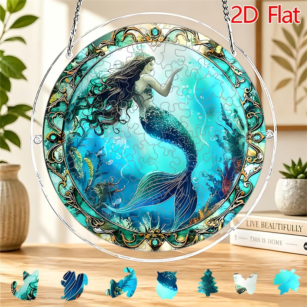 2D Flat Acrylic Puzzle Sun Catcher, Retro Golden Frame Deep Sea Mermaid Theme Sun Catcher Puzzle, Home Garden Decor, Suitable for Christmas, Thanksgiv