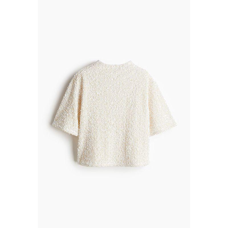 

HM Women s Autumn T-shirt Sequin Gauze Fashion Loose Small Stand Collar T-shirt Short Top 1200001 Cream color 160/88((S))