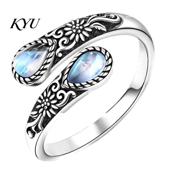 Eleganter Statement-Ring Vintage Faux-Mondstein-Ring, Wassertropfen Falscher Edelstein Verstellbar Offen Damen Heilstein Band Schmuck für Paar,
