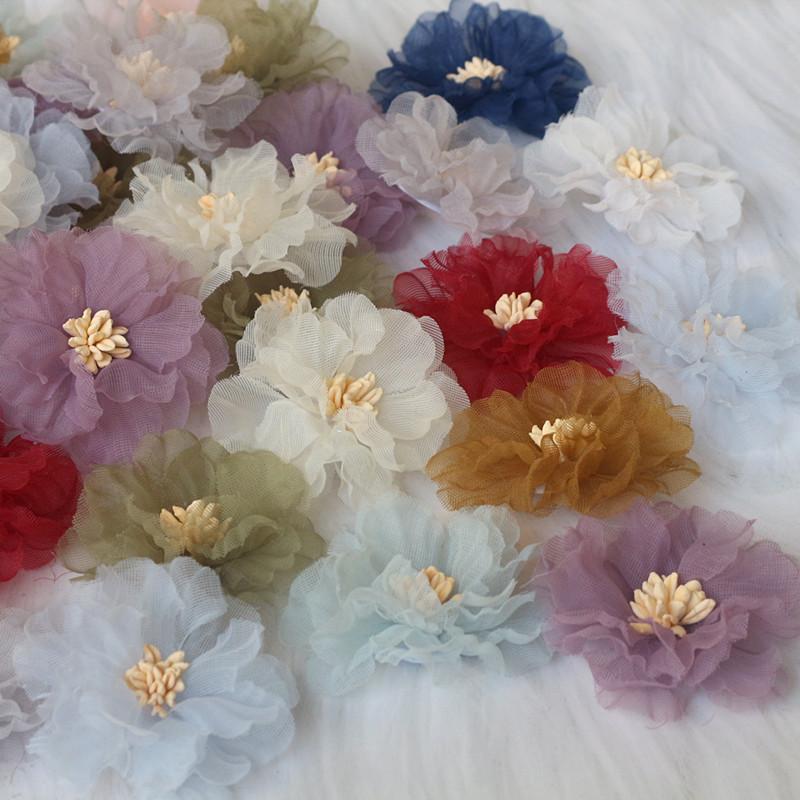 10Pcs 5CM Wrinkle Chiffon Fabric Cored Flowers For DIY Hair Accessories Hats Headband Wedding Dress Decoration