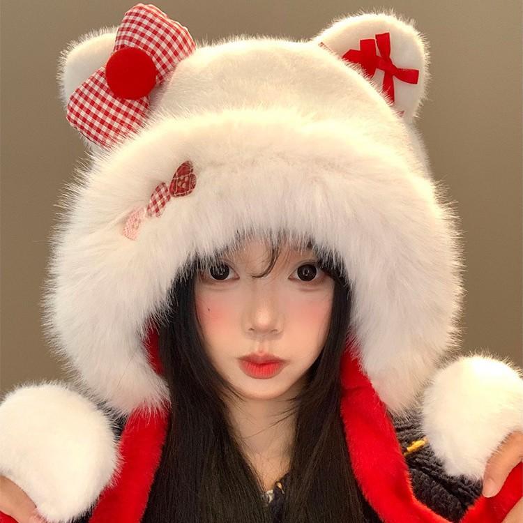 Cute Cat Ears Bow Plush Hat Women's Autumn and Winter Sweet Thickened Warm Cold Ear Protection Plush Lei Feng Hat