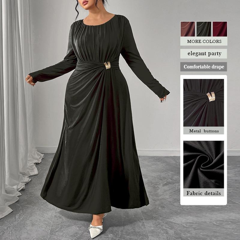 Women's Long Sleeve Pleated Belted Maxi Dress Comfortable Drape with Metal Buttons