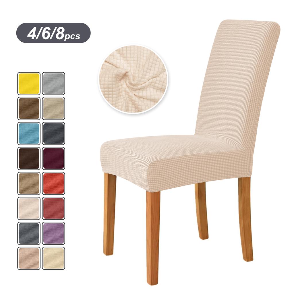 4PCS Stretch Dining Chair Covers Feature Textured Checked Jacquard Fabric High Back Chair Slipcover Thick Chair Protectors