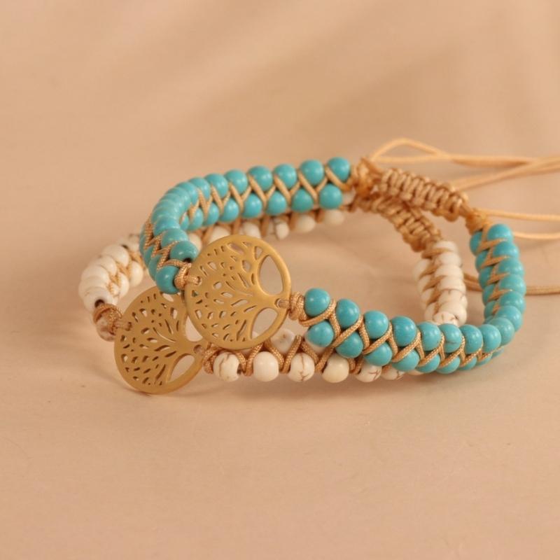 Verstellbares Unisex Armband mit natürlichen Türkisperlen, zweireihig, mit Baum-Anhänger für einen stilvollen Look