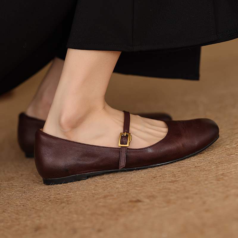 Krazing Pot Kuhleder Mode Frühling Herbst Schönheit Flach mit Damen Square Toe Schuhe Mary Janes Flache Ballerinas