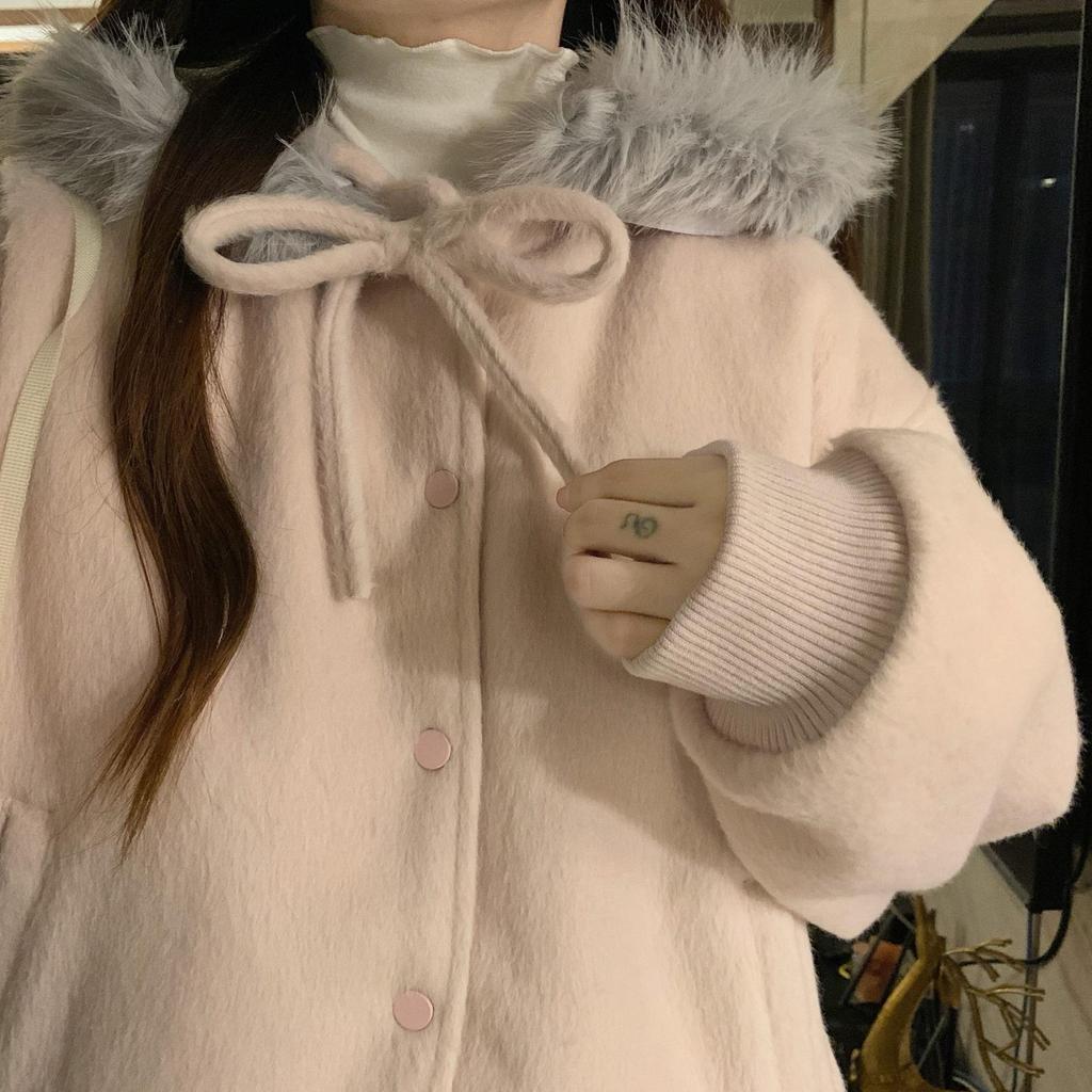 Korean Style Pink Bowknot Fur Hooded Cotton Padded Baseball Jacket Women's Autumn/Winter Coat
