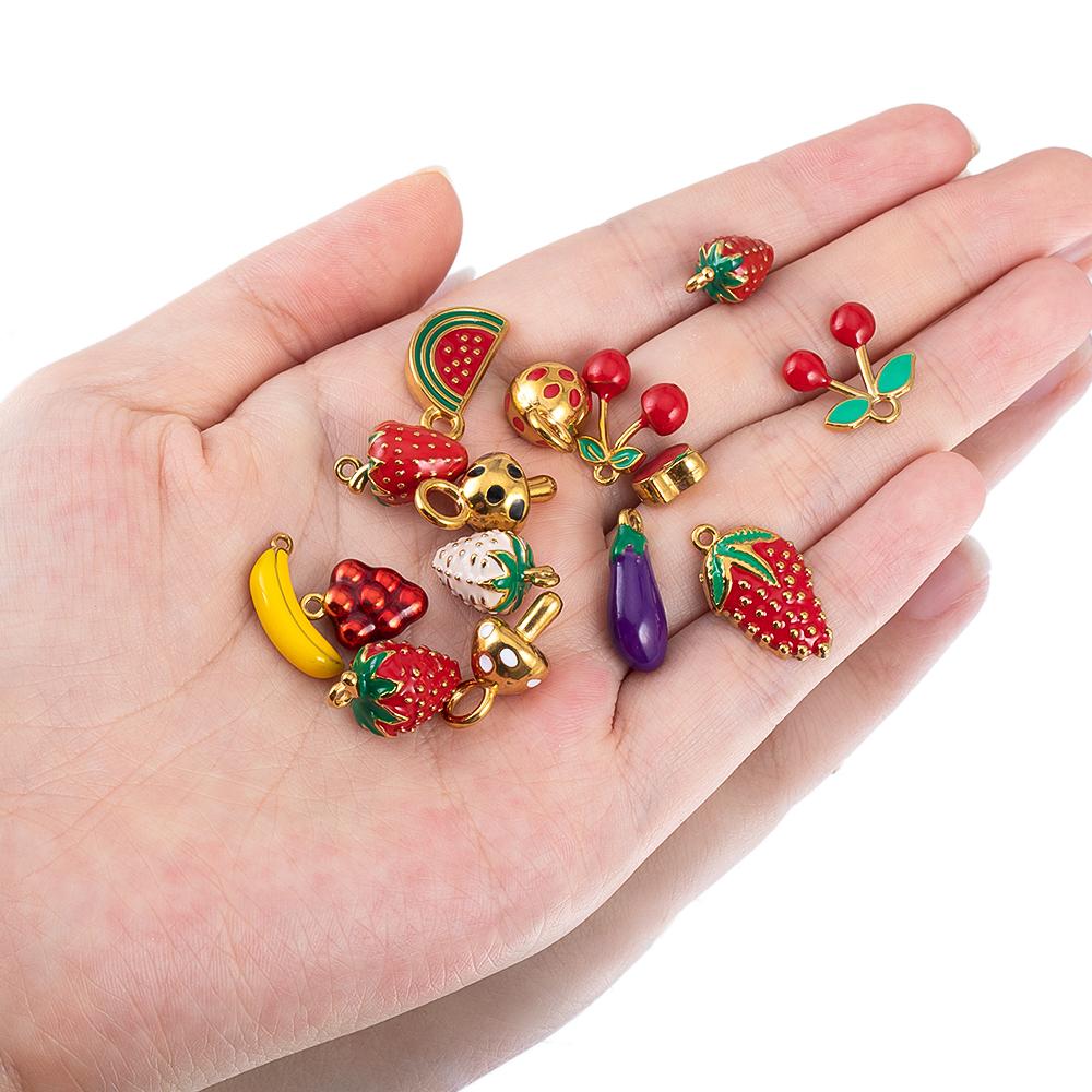 2pcs Stainless Steel Enamel Cute Strawberry Banana Corn Grape Cherry Charms Gold Plated DIY Bracelet Earrings Jewelry Findings