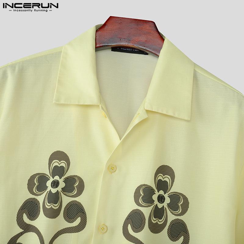 INCERUN Oversized Men Lapel Neck Short Sleeve PrintButtons Up Casual Loose Shirts