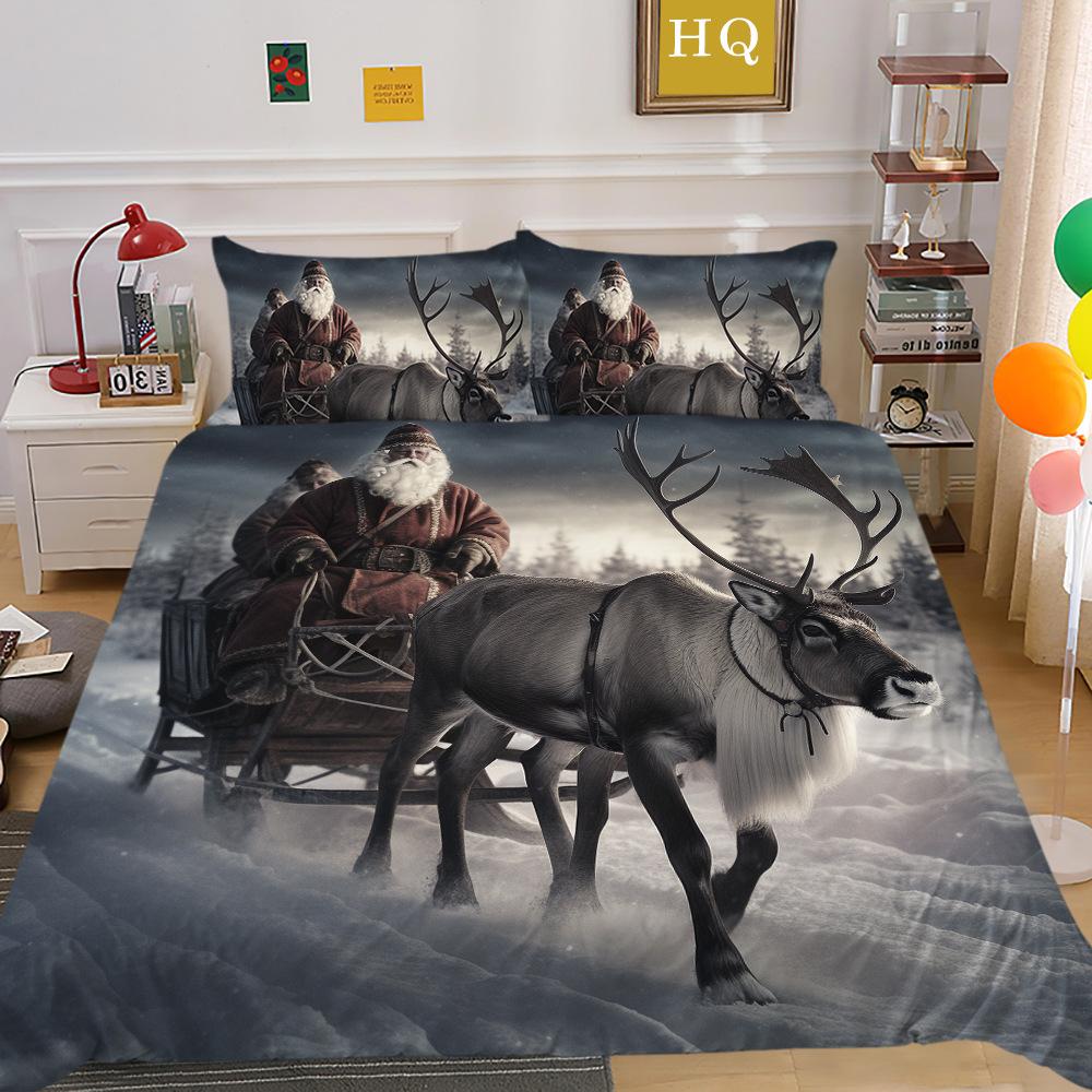Christmas Carriage Snow Scene 3D Printed Polyester Pillowcase Quilt Cover Two Or Three-Piece Set Can Be