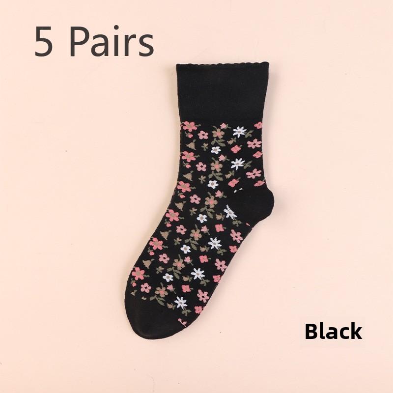 5 Pairs Autumn and Winter Vintage Small Floral Ladies Mid-tube Mori Department College Socks Mid-tube Socks