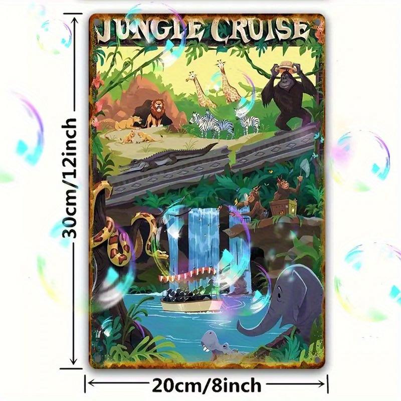 1pc Vintage Jungle Cruise Metal Sign - Retro Animation Style with Gorillas, Giraffes, Hippos - Durable Aluminum Wall Decor for H