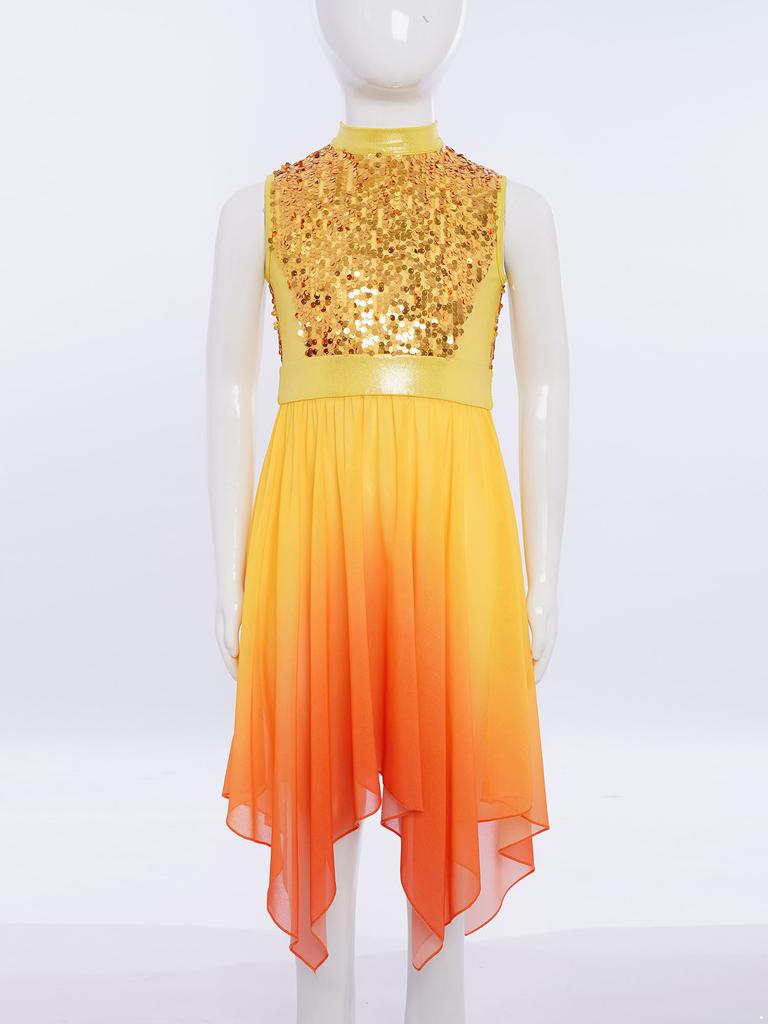 Girls Liturgical Dance Dress - Sleeveless Mock Neck Tunic with Asymmetrical Hem & Shiny Sequins for Worship Performance