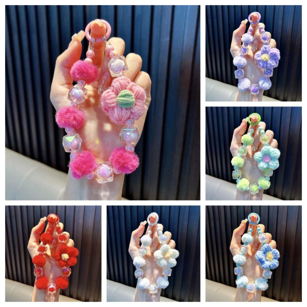 Plush Ball Beaded Phone Strap Sweet Car Key Ring INS Knit Beads Keychain  Girl