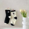 Thin Trendy Camellia Rose Embroidery Sweet And Comfortable Black And White Vertical Strip Pure Cotton Mid-Leg Socks