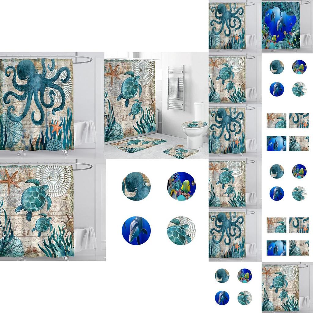 Eco-friendly Sea Turtle Octopus Shower Curtain Featuring Soft Polyester Fiber And Easy Installation Hooks