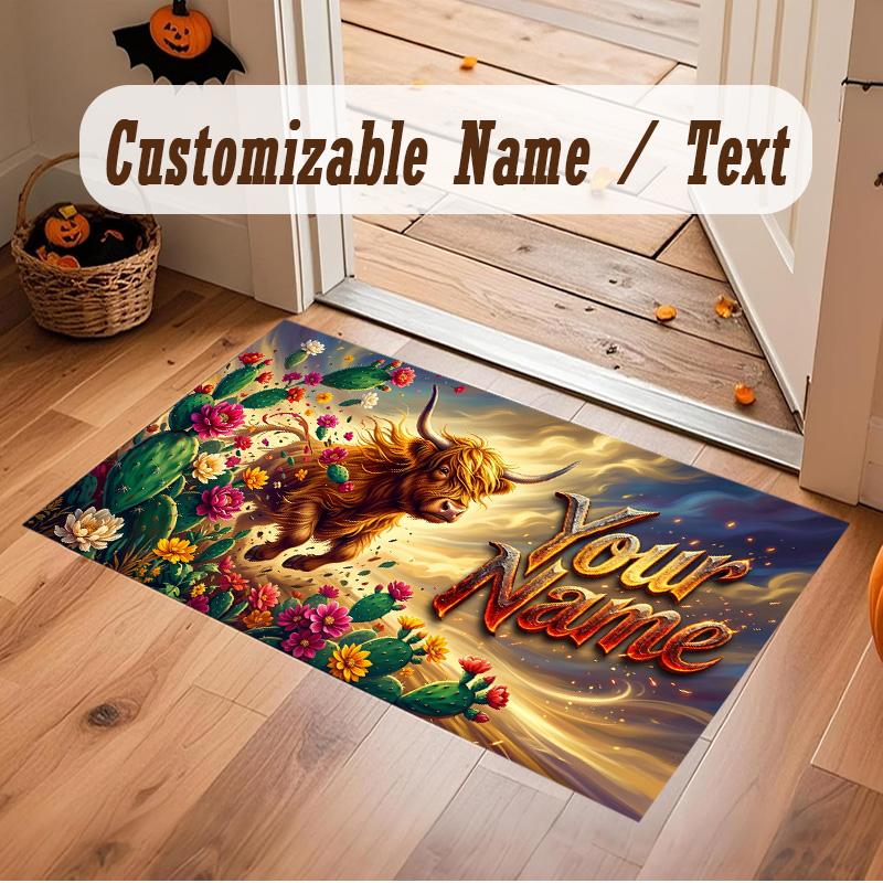 Highland Cow Theme Soft Crystal Velvet Rug Custom Name & Text Print Non Slip Floor Rug for Bedroom Living Room