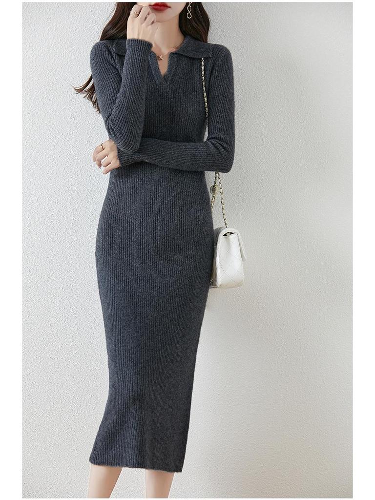 Autumn/Winter Wool Turn-Down Collar Slim-Fit Knitted Dress with Over-the-Knee Slit and Coat Set