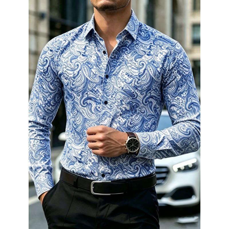 Men's Long Sleeved Cashew Flower Printed Shirt Slim Fit Lapel Shirt Retro Paisley Pattern Business Casual Top