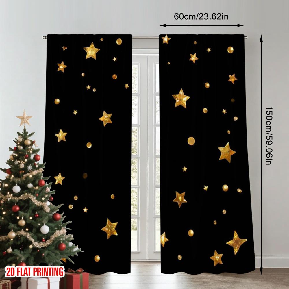 Flat Printing Window Drapes Golden Glitter Stars Digital Printed Polyester Holiday Decorations Use Oversized Curtains Set Of 2 Made