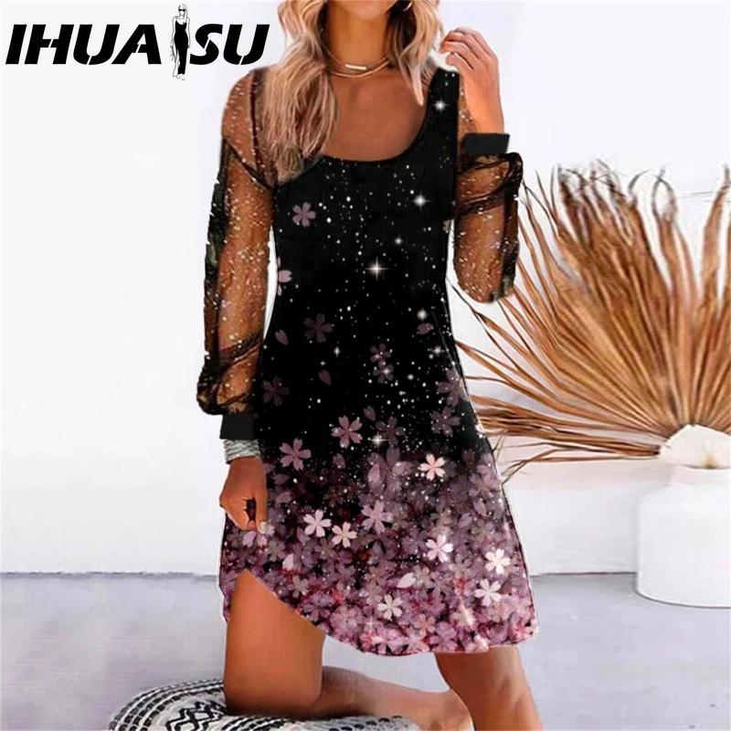 IHUASU Women's Fashion Spring Autumn Solid Color Print Long Sleeve U-Neck High Waist Casual Dresses