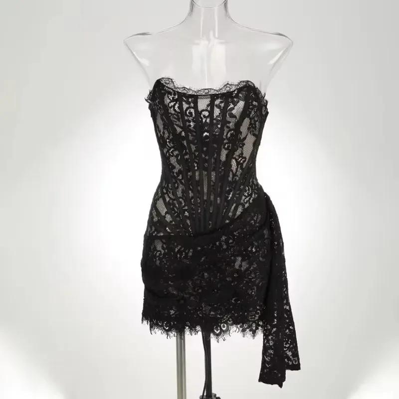 Sexy Wedding Party Dress Women Elegant Lace High Waist Bandage Bodycon Mini Dress Strapless Slim Corset Evening Dress