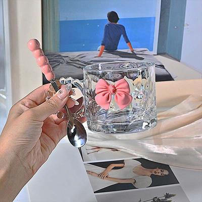 Tazza in vetro con manico, fiocco rosa, tazza trasparente per acqua, tazza da tè con fiori, tazza da caffè, tazza portatile riutilizzabile per bere