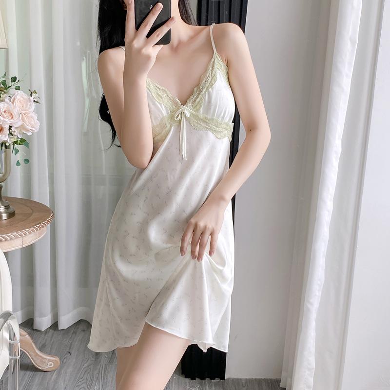 Spring and Summer Women's Ice Silk Nightgown New Lace Suspender Thin Sexy Backless with Chest Pad Sex Pajamas Air Conditioner
