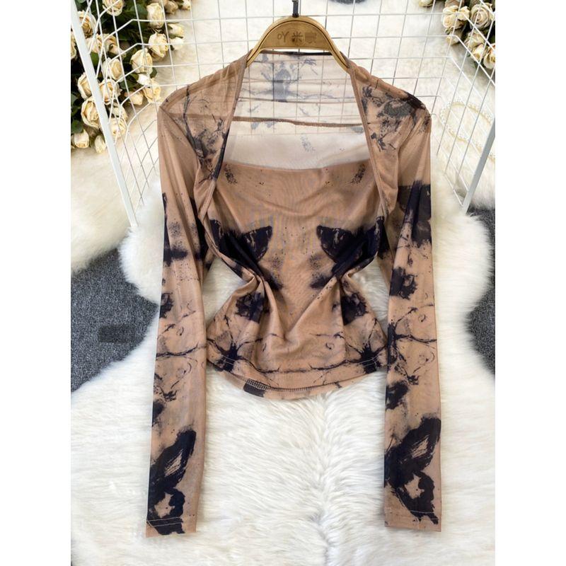Long Sleeve Square-Neck Tie Dye Mesh Sunscreen Slim Fit Fake Two-Piece